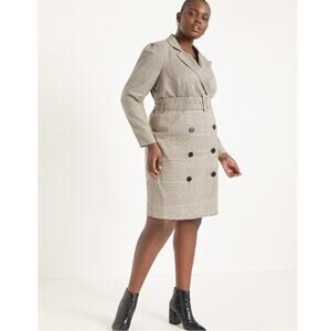 NWT Eloquii Plaid Puff Sleeve double breasted Blazer Dress brown pink sz 16